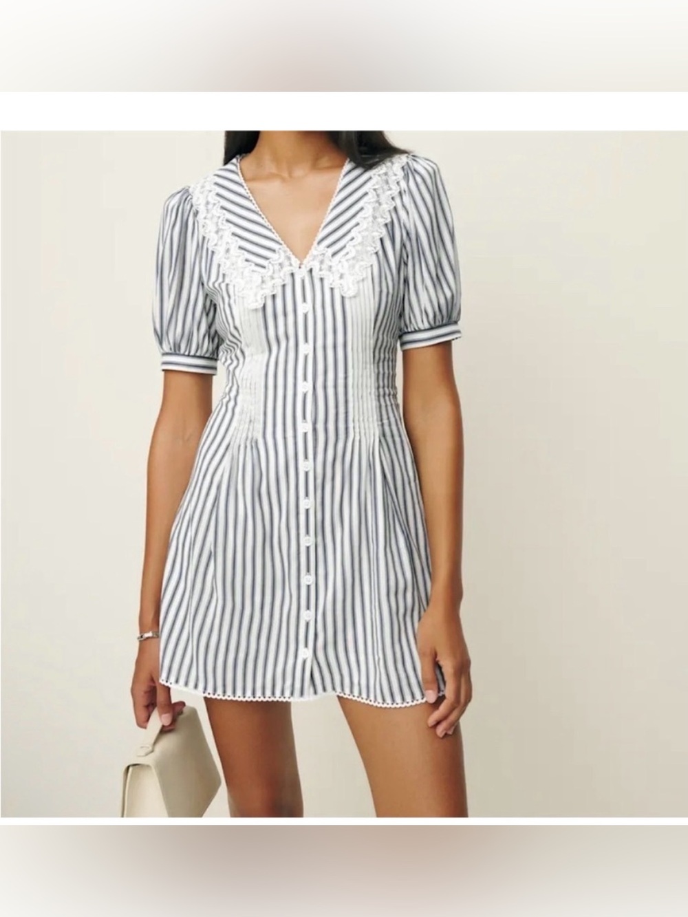 REFORMATION Nonie Big Collar Mini Dress Color antibes stripe Ties Back Size 8‎